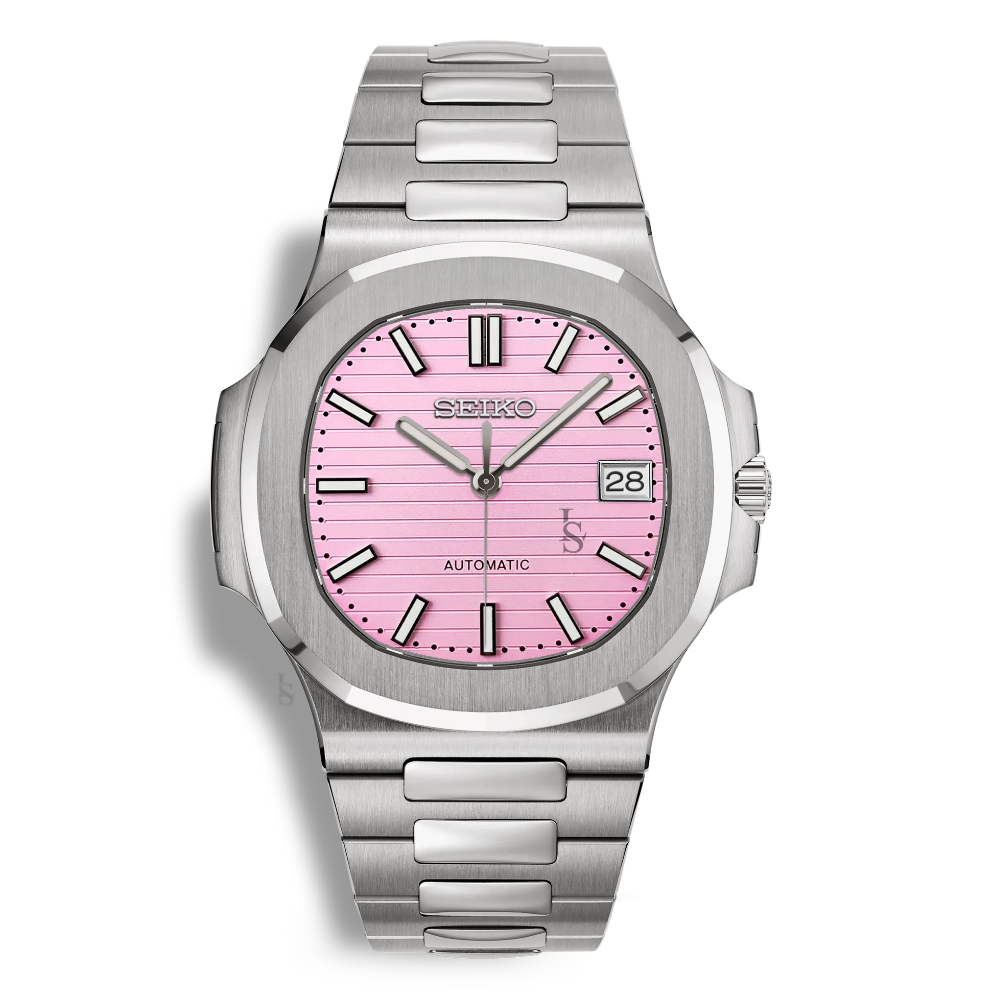 Montre Seiko Mod Nautilus rose avec bracelet intégré en acier inoxydable 316L et fond transparent