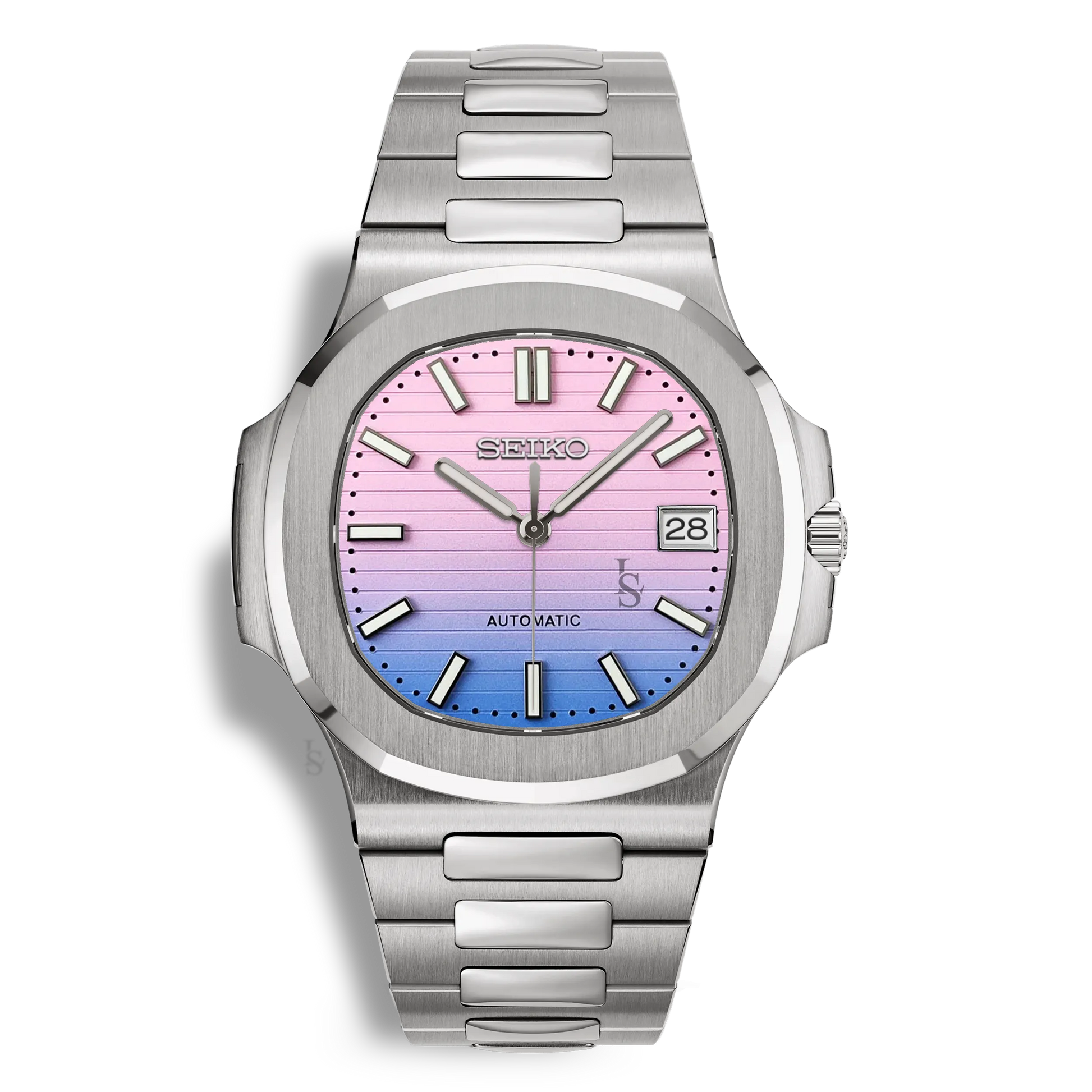Montre Seiko Mod Nautilus cadran rose et violet, équipée d’un mouvement automatique Seiko NH35 et d’un cadran luminescent
