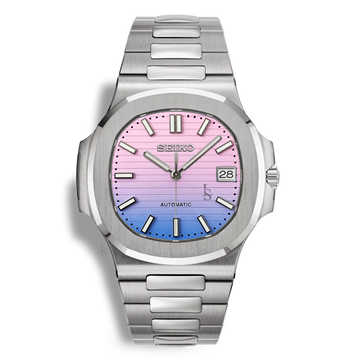 Montre Seiko Mod Nautilus cadran rose et violet, équipée d’un mouvement automatique Seiko NH35 et d’un cadran luminescent