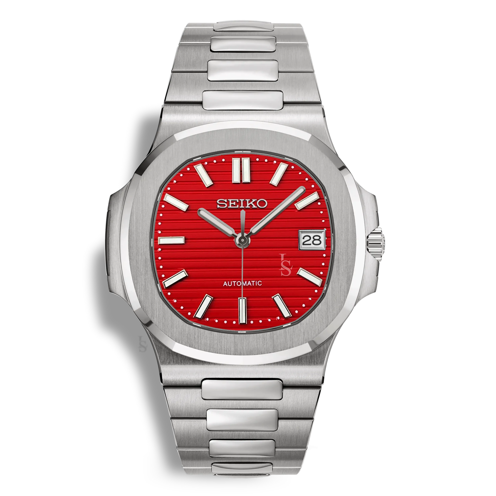 Montre Seiko Mod Nautilus rouge en acier inoxydable 316L avec cadran et aiguilles luminescents