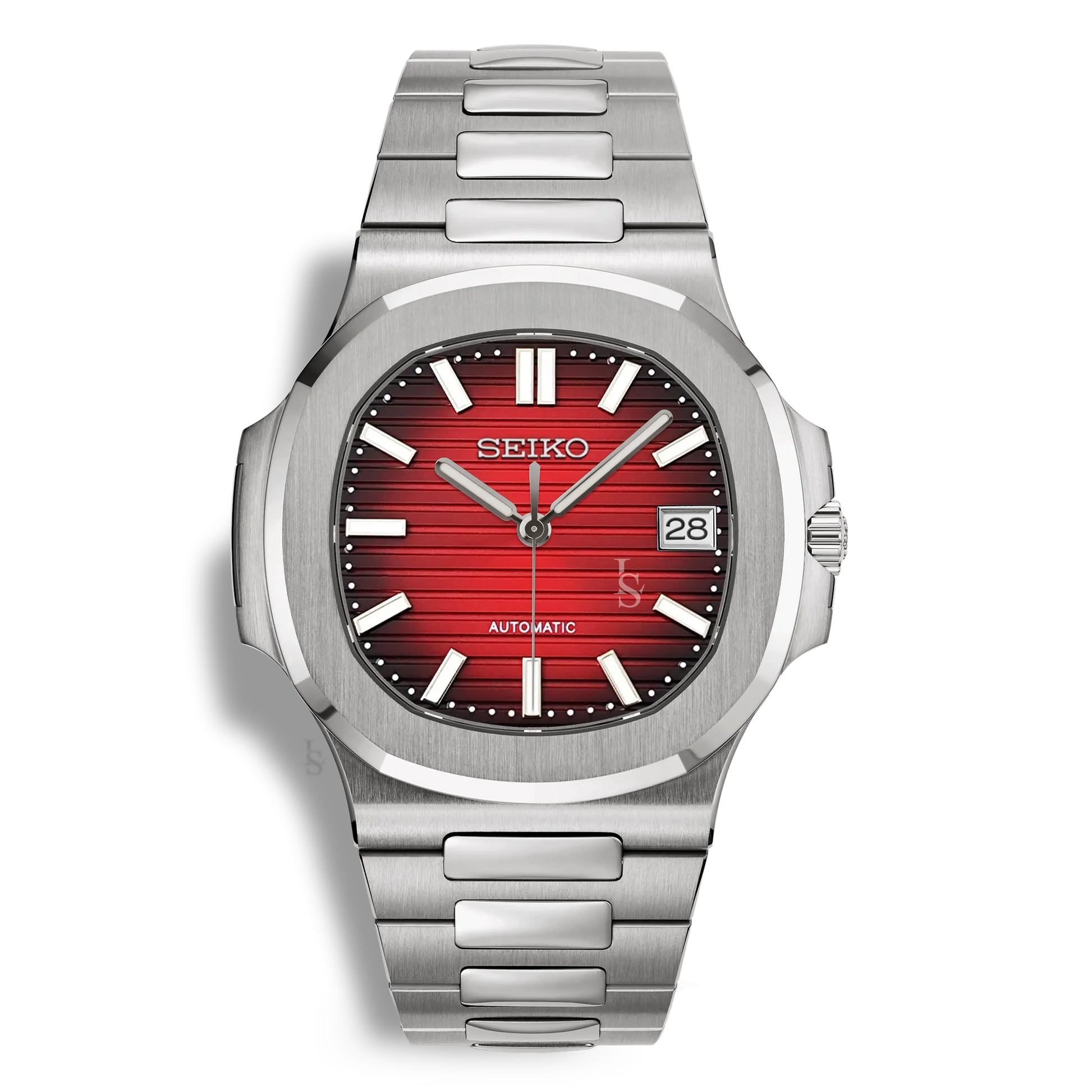 Montre Seiko Mod Nautilus cadran rouge et noir, boîtier 41mm, verre saphir et mouvement automatique Seiko NH35