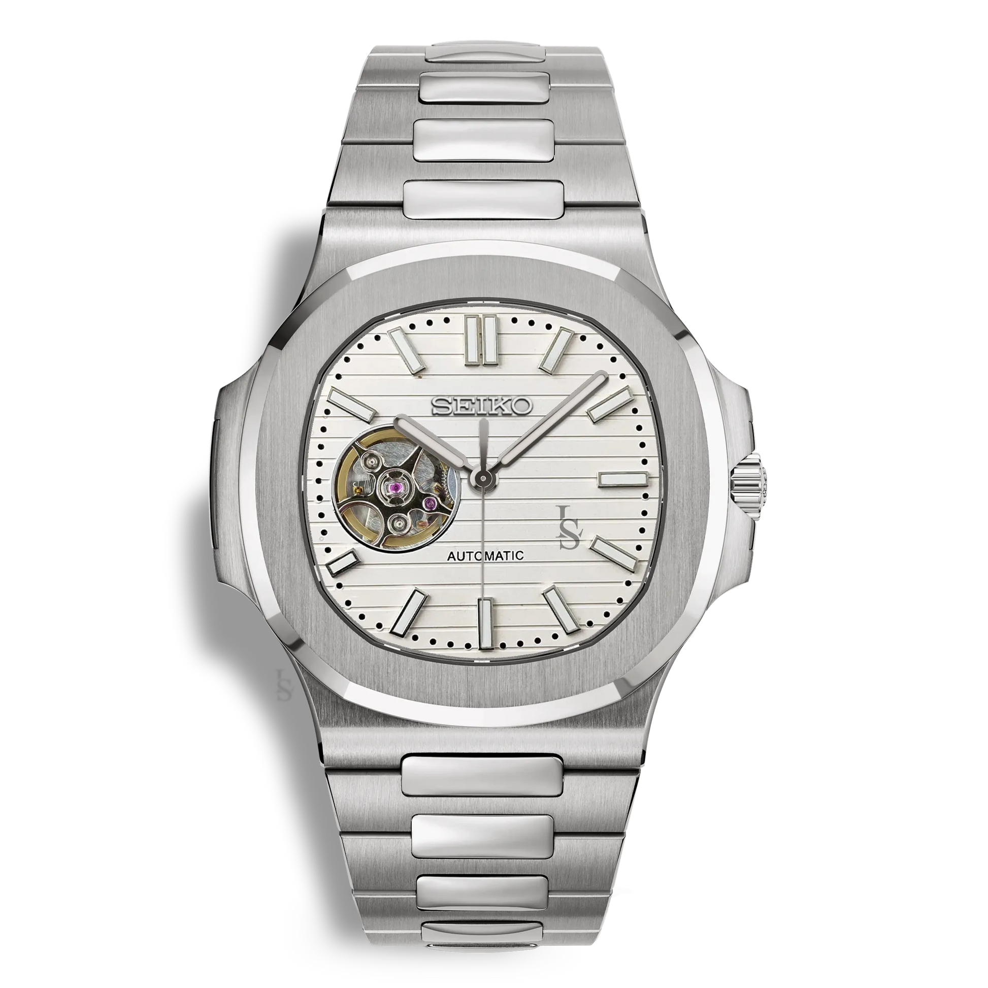 Montre SeikoMod Nautilus Skeleton cadran blanc, mouvement automatique Seiko NH38, bracelet acier inoxydable
