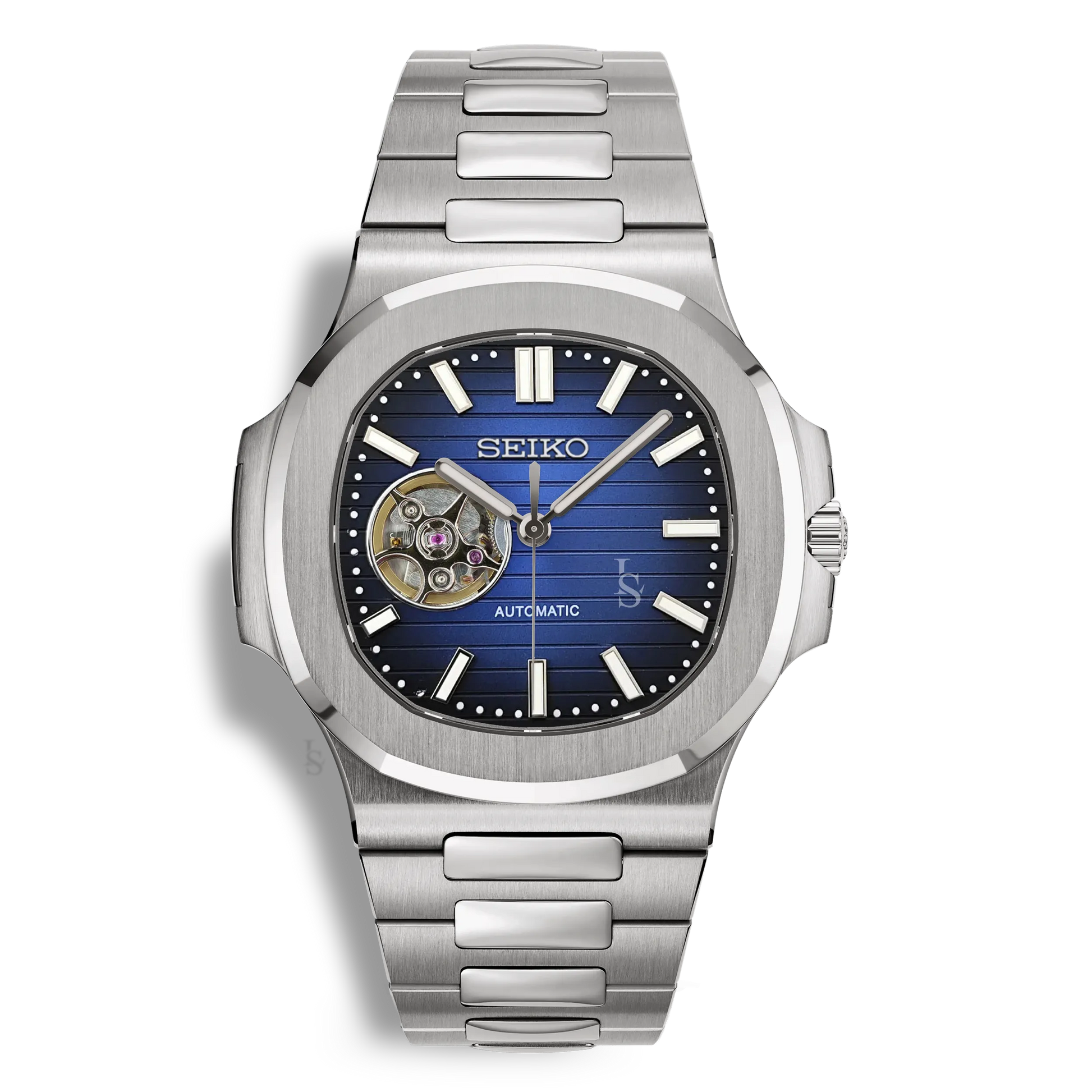 Montre SeikoMod Nautilus Skeleton cadran bleu marine, mouvement NH38, bracelet acier poli-brossé intégré