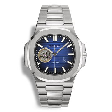 Montre SeikoMod Nautilus Skeleton cadran bleu marine, mouvement NH38, bracelet acier poli-brossé intégré