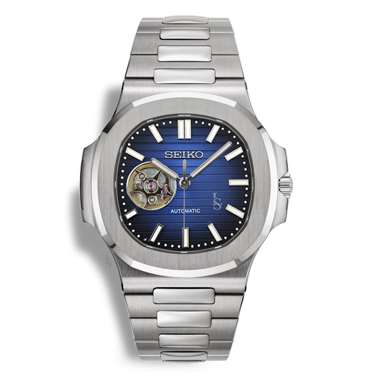 Montre SeikoMod Nautilus Skeleton cadran bleu marine, mouvement NH38, bracelet acier poli-brossé intégré
