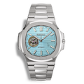 Montre SeikoMod Nautilus Skeleton cadran bleu clair, mouvement NH38 visible, boîtier et bracelet acier