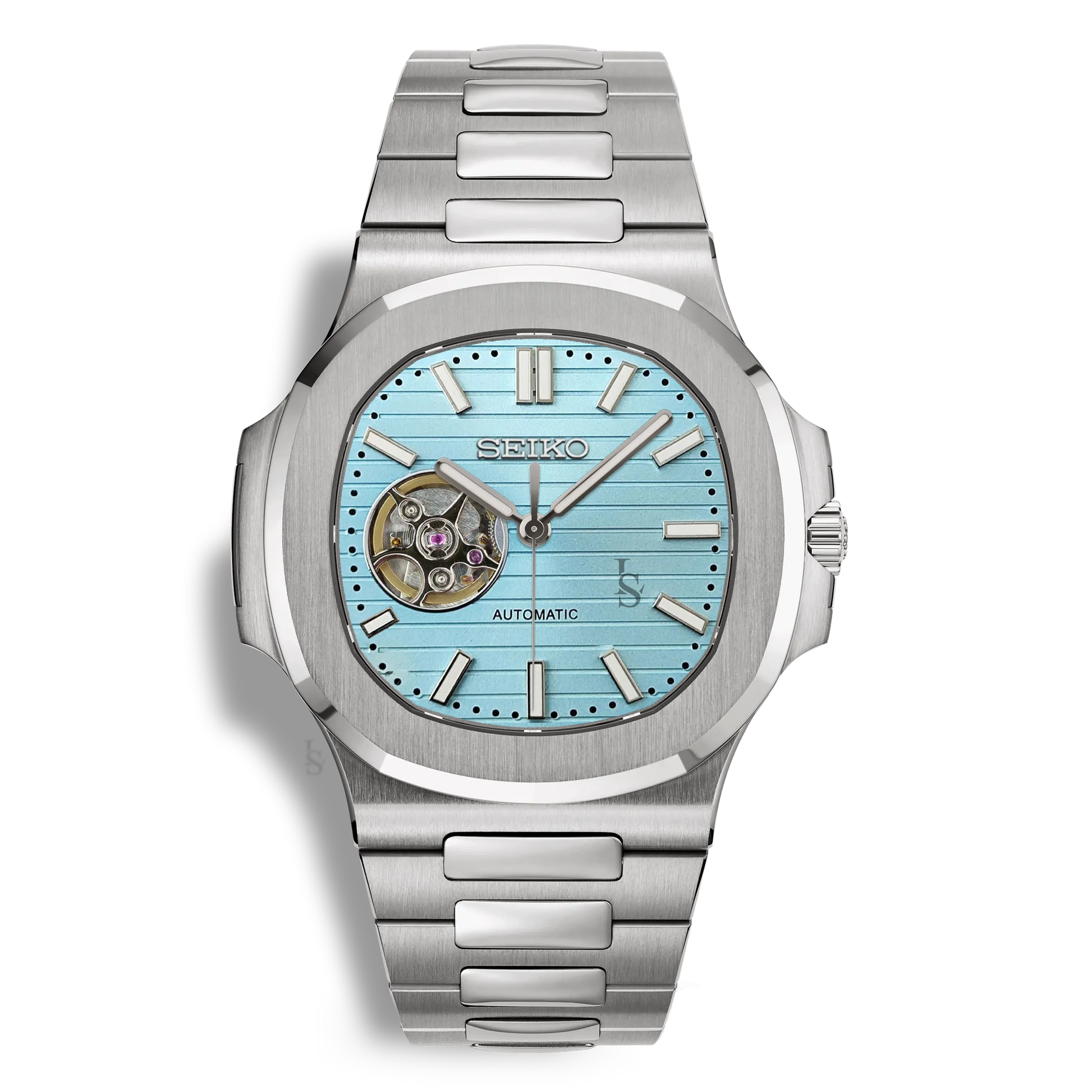 Montre SeikoMod Nautilus Skeleton cadran bleu clair, mouvement NH38 visible, boîtier et bracelet acier