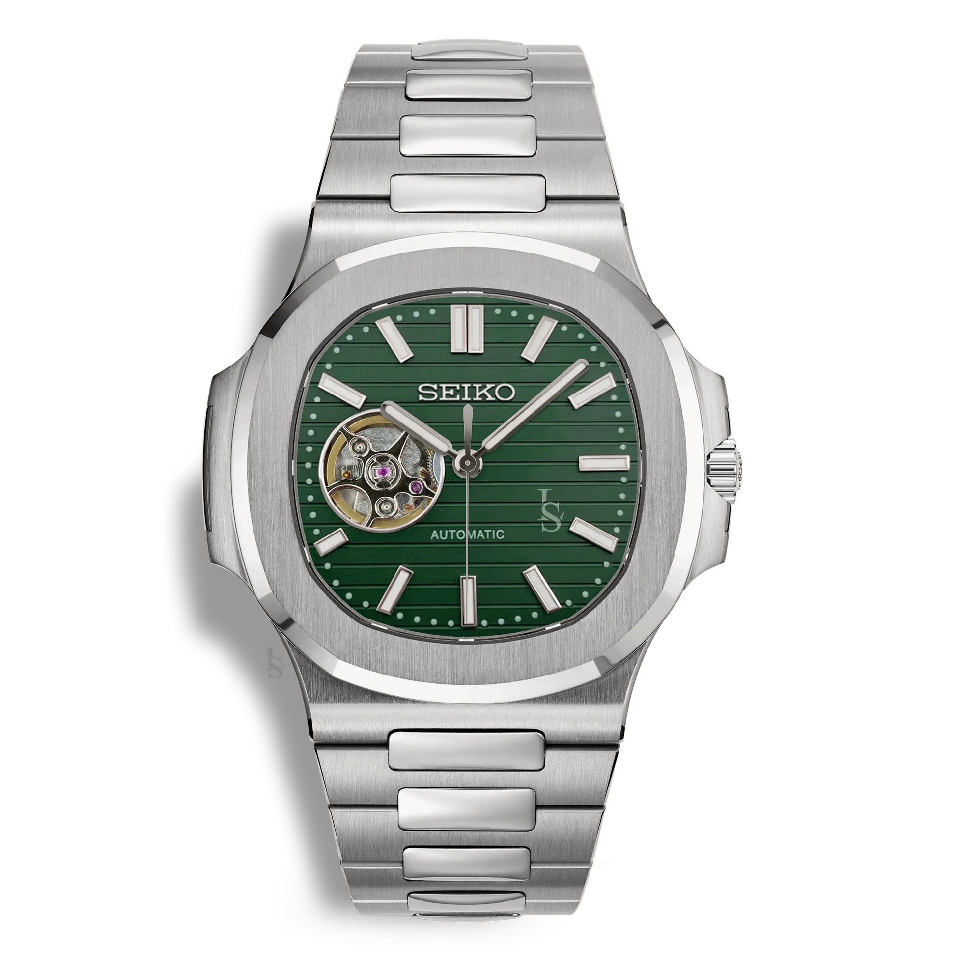 Montre SeikoMod Nautilus Skeleton cadran vert kaki, squelette avec mouvement NH38, bracelet en acier inoxydable 316L