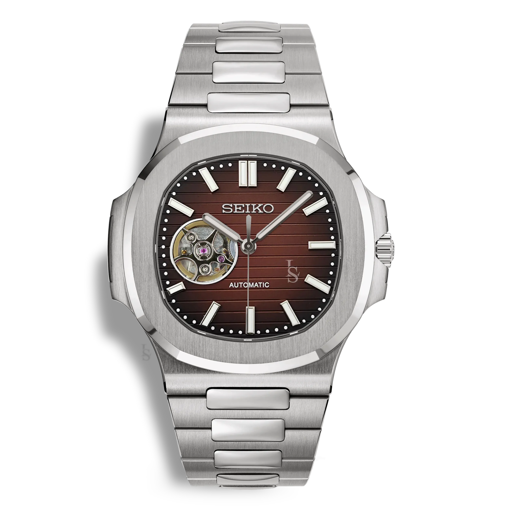 Montre SeikoMod Nautilus Skeleton cadran marron, squelette avec mouvement automatique Seiko NH38, bracelet acier poli-brossé