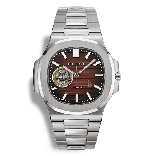 Montre SeikoMod Nautilus Skeleton cadran marron, squelette avec mouvement automatique Seiko NH38, bracelet acier poli-brossé