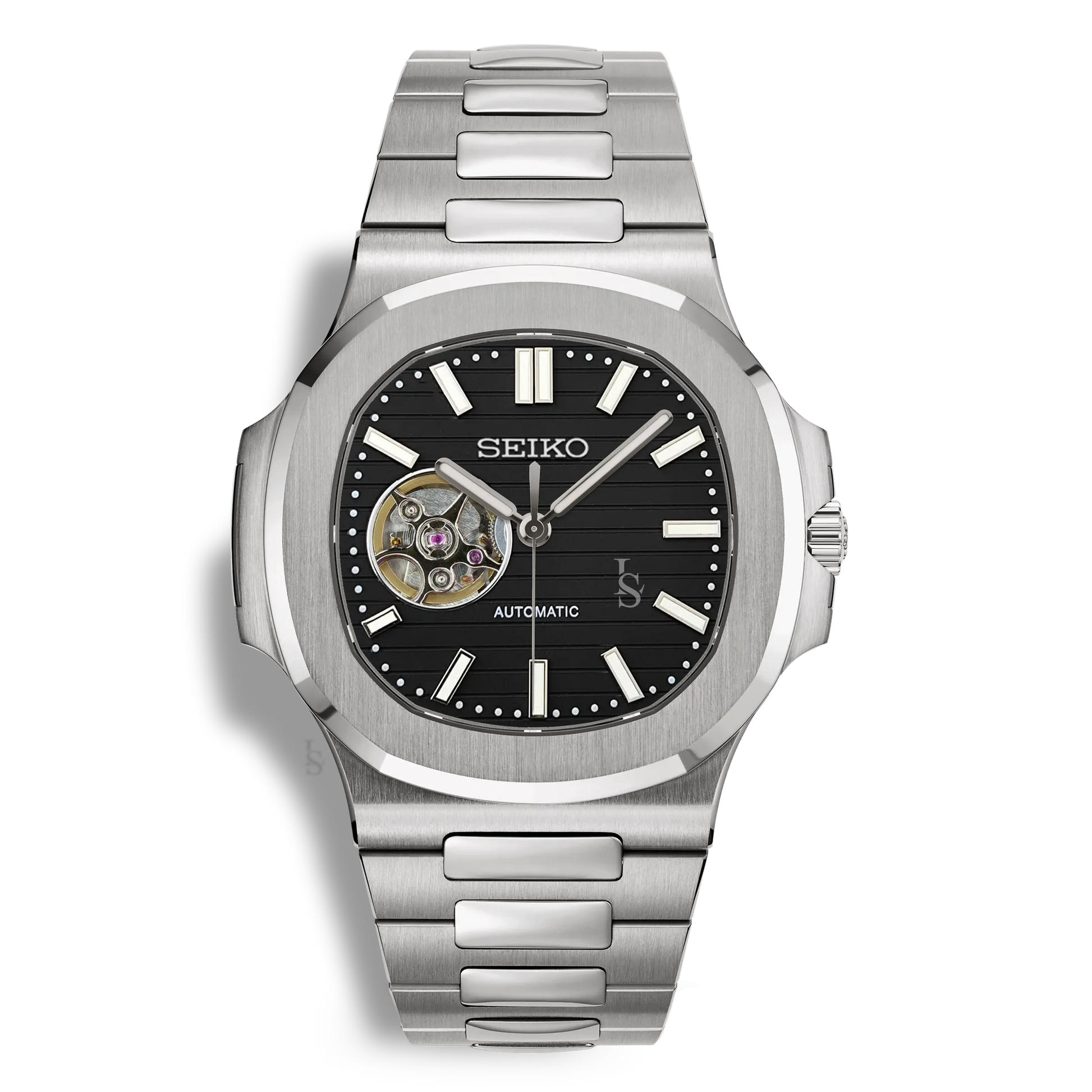 Montre SeikoMod Nautilus Skeleton cadran noir, mouvement NH38 apparent, bracelet acier intégré