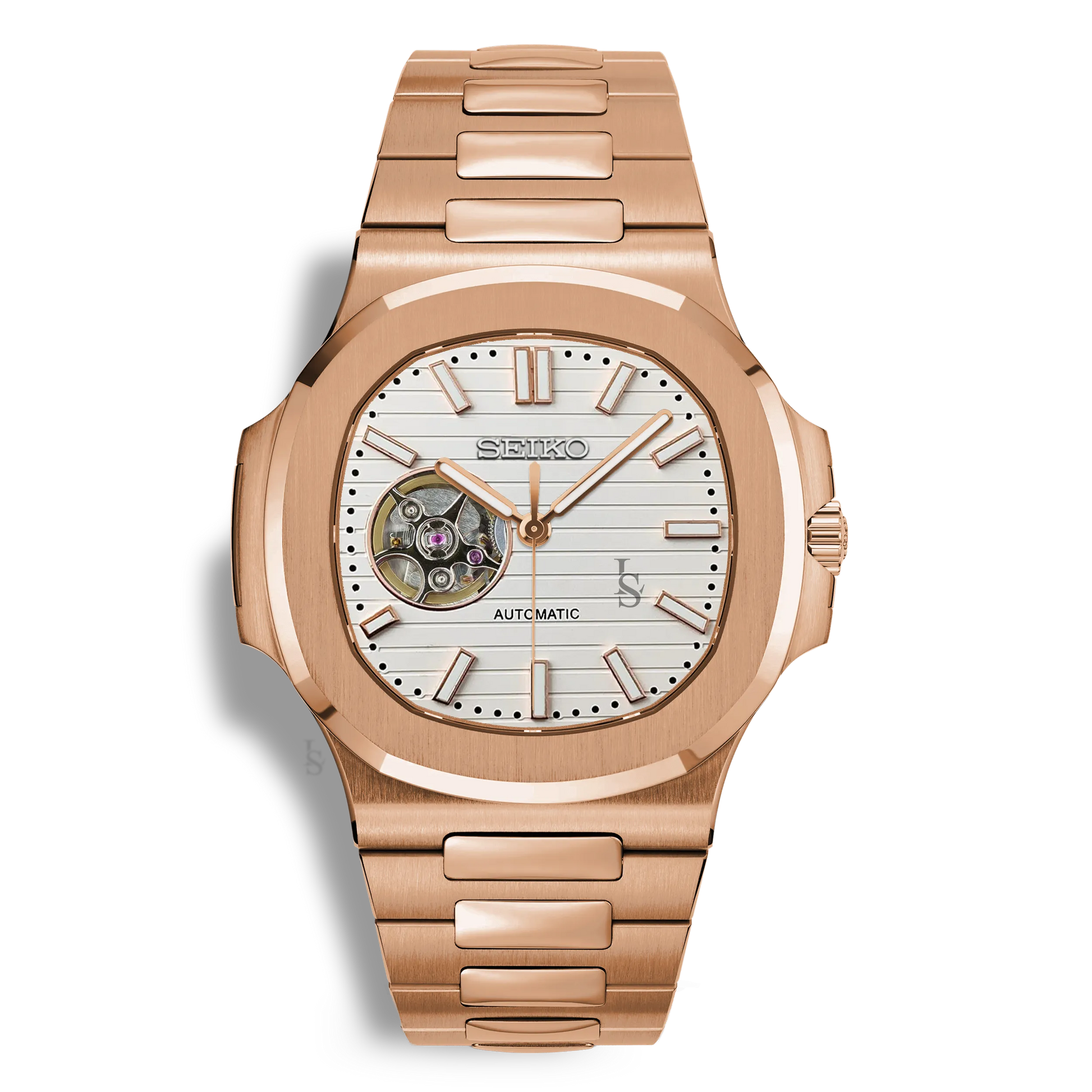 Montre Seiko Mod Nautilus Skeleton Or Rose mouvement automatique NH38 avec cadran blanc cœur ouvert squelette et bracelet intégré en or rose