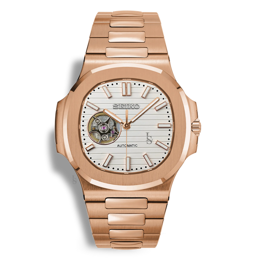 Montre Seiko Mod Nautilus Skeleton Or Rose mouvement automatique NH38 avec cadran blanc cœur ouvert squelette et bracelet intégré en or rose