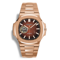 Montre Seiko Mod Nautilus Skeleton Chocolate Or Rose mouvement automatique Seiko NH38 avec cadran marron cœur ouvert squelette et bracelet intégré en rosegold