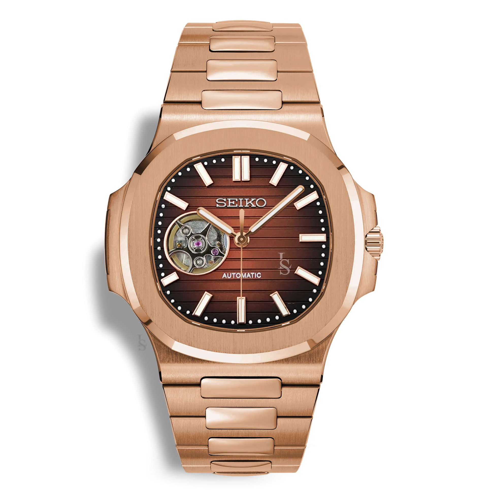 Montre Seiko Mod Nautilus Skeleton Chocolate Or Rose mouvement automatique Seiko NH38 avec cadran marron cœur ouvert squelette et bracelet intégré en rosegold