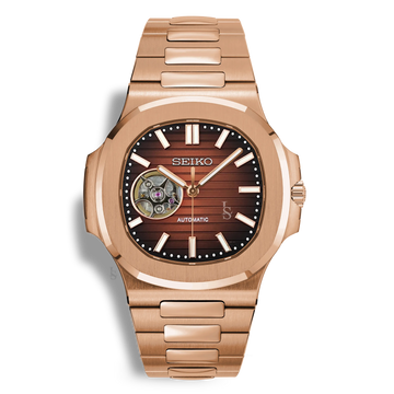 Montre Seiko Mod Nautilus Skeleton Chocolate Or Rose mouvement automatique Seiko NH38 avec cadran marron cœur ouvert squelette et bracelet intégré en rosegold