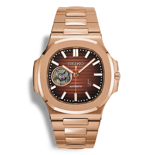 Montre Seiko Mod Nautilus Skeleton Chocolate Or Rose mouvement automatique Seiko NH38 avec cadran marron cœur ouvert squelette et bracelet intégré en rosegold