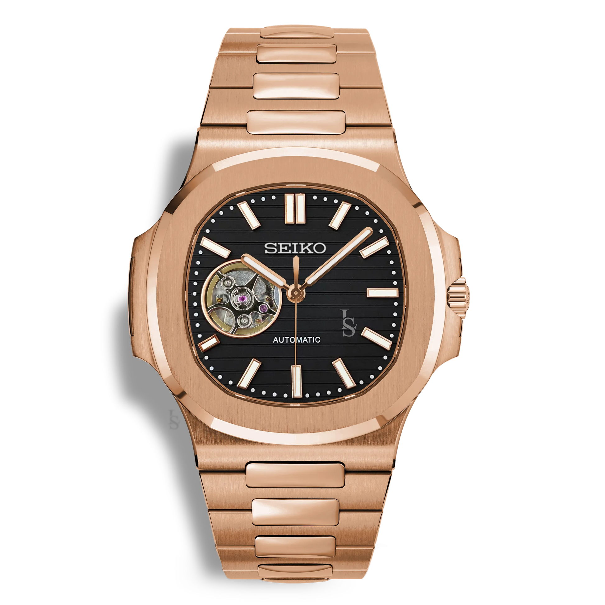 Montre Seiko Mod Nautilus Skeleton Or Rose mouvement automatique NH38 avec cadran noir cœur ouvert squelette et bracelet intégré en or rose