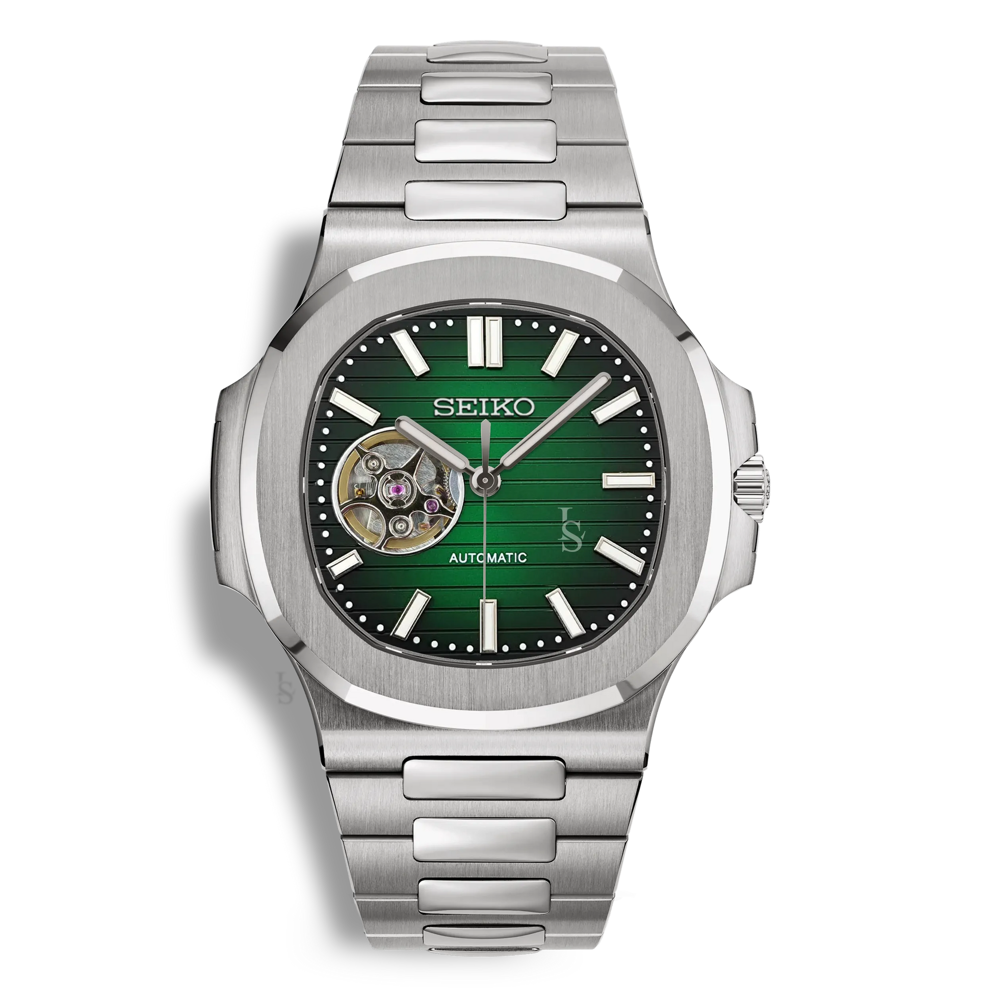 Montre SeikoMod Nautilus Skeleton cadran vert, mouvement automatique NH38, boîtier et bracelet acier inoxydable 316L