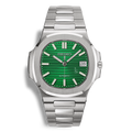 Montre Seiko Mod Nautilus verte équipée du mouvement automatique Seiko NH35 et d’un fond de boîtier transparent