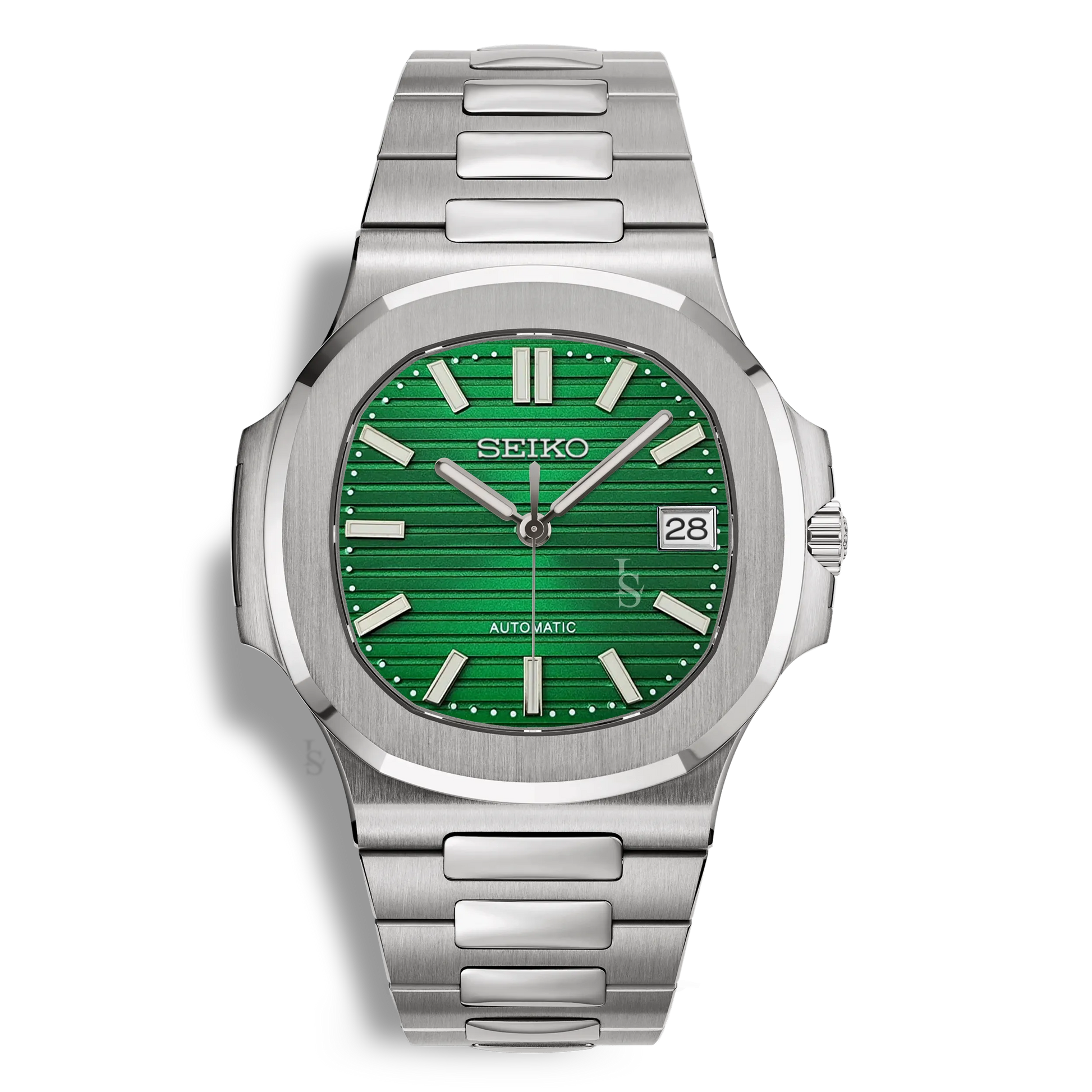 Montre Seiko Mod Nautilus verte équipée du mouvement automatique Seiko NH35 et d’un fond de boîtier transparent