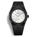 Montre SeikoMod Royal Oak Frosted Metal Noir cadran blanc avec boîtier acier inoxydable 41mm et lunette octogonale