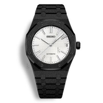 Montre SeikoMod Royal Oak Frosted Metal Noir cadran blanc avec boîtier acier inoxydable 41mm et lunette octogonale