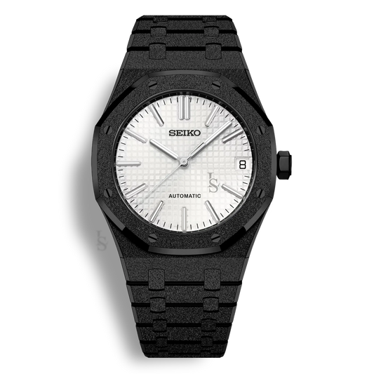 Montre SeikoMod Royal Oak Frosted Metal Noir cadran blanc avec boîtier acier inoxydable 41mm et lunette octogonale