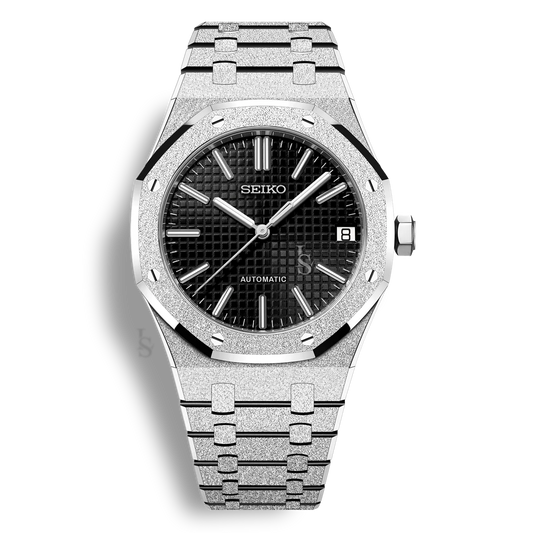 Montre SeikoMod Royal Oak Frosted Metal cadran noir avec boîtier acier 41mm et lunette octogonale