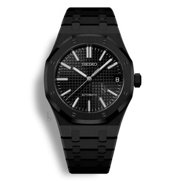 Montre Seiko Mod Royal Oak Noir Complet avec cadran noir équipée du mouvement automatique Seiko NH35 avec un boîtier et bracelet en acier noir inoxydable