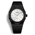 Montre Seiko Mod Royal Oak Noir avec cadran blanc tapisserie équipée du mouvement automatique Seiko NH35 avec un boîtier et bracelet en acier noir inoxydable