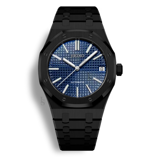 Montre Seiko Mod Royal Oak Noir avec cadran bleu marine équipée du mouvement automatique Seiko NH35 avec un boîtier et bracelet en acier noir inoxydable
