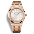 Montre Seiko Mod Royal Oak Or Rose avec cadran blanc, montre automatique élégante inspirée Audemars Piguet, boîtier acier or rose 41mm, bracelet intégré
