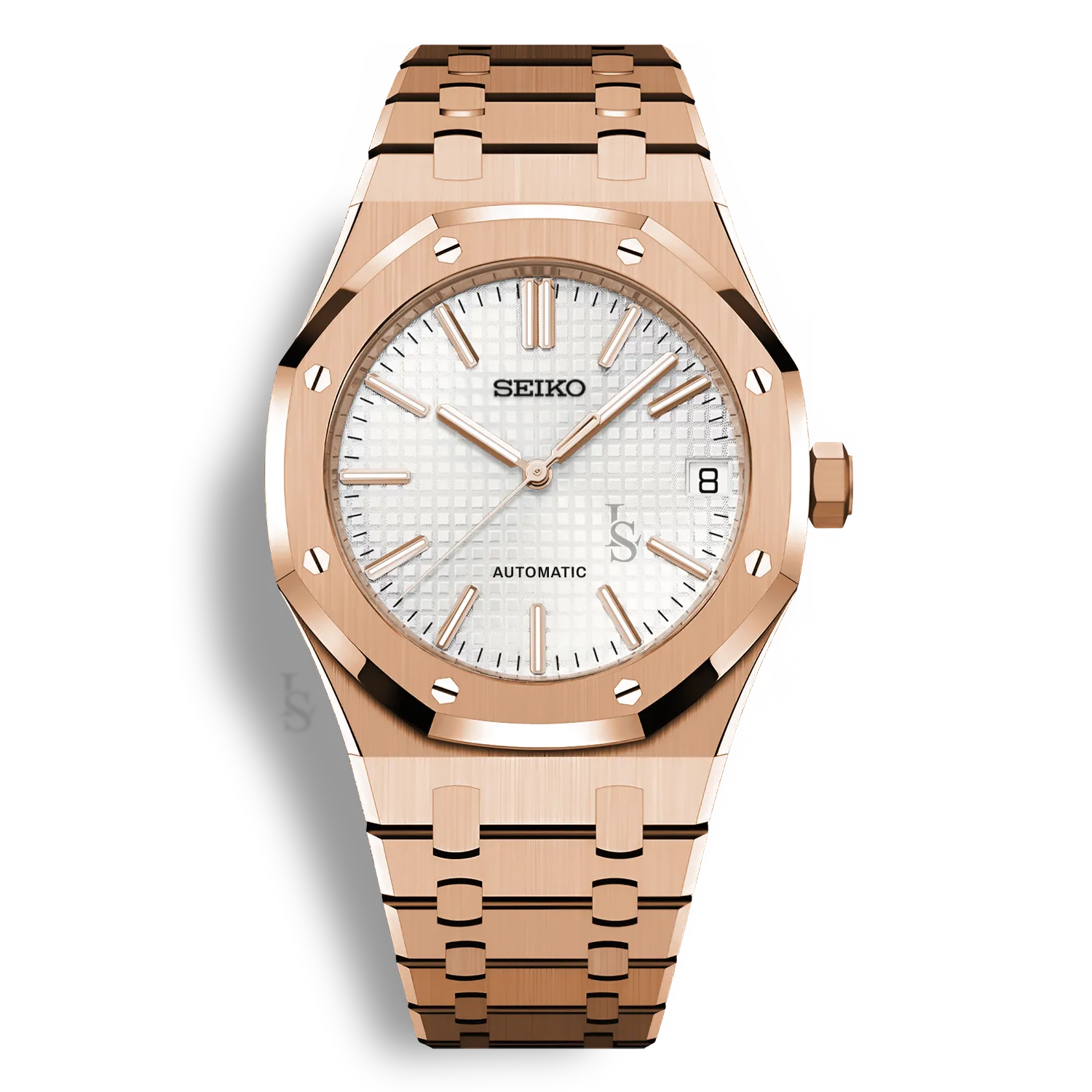 Montre Seiko Mod Royal Oak Or Rose avec cadran blanc, montre automatique élégante inspirée Audemars Piguet, boîtier acier or rose 41mm, bracelet intégré