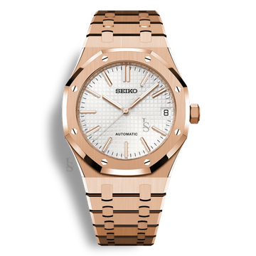 Montre Seiko Mod Royal Oak Or Rose avec cadran blanc, montre automatique élégante inspirée Audemars Piguet, boîtier acier or rose 41mm, bracelet intégré