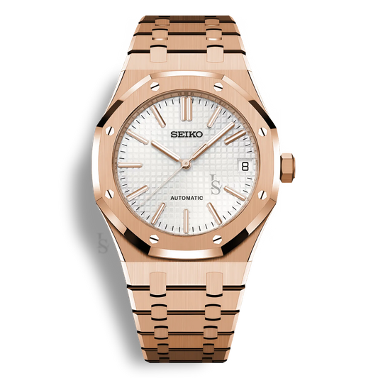 Montre Seiko Mod Royal Oak Or Rose avec cadran blanc, montre automatique élégante inspirée Audemars Piguet, boîtier acier or rose 41mm, bracelet intégré