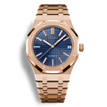 Royal Oak Or Rose Seiko Mod, montre automatique cadran bleu, lunette octogonale distinctive, mouvement Seiko NH35, bracelet or rose, look premium masculin