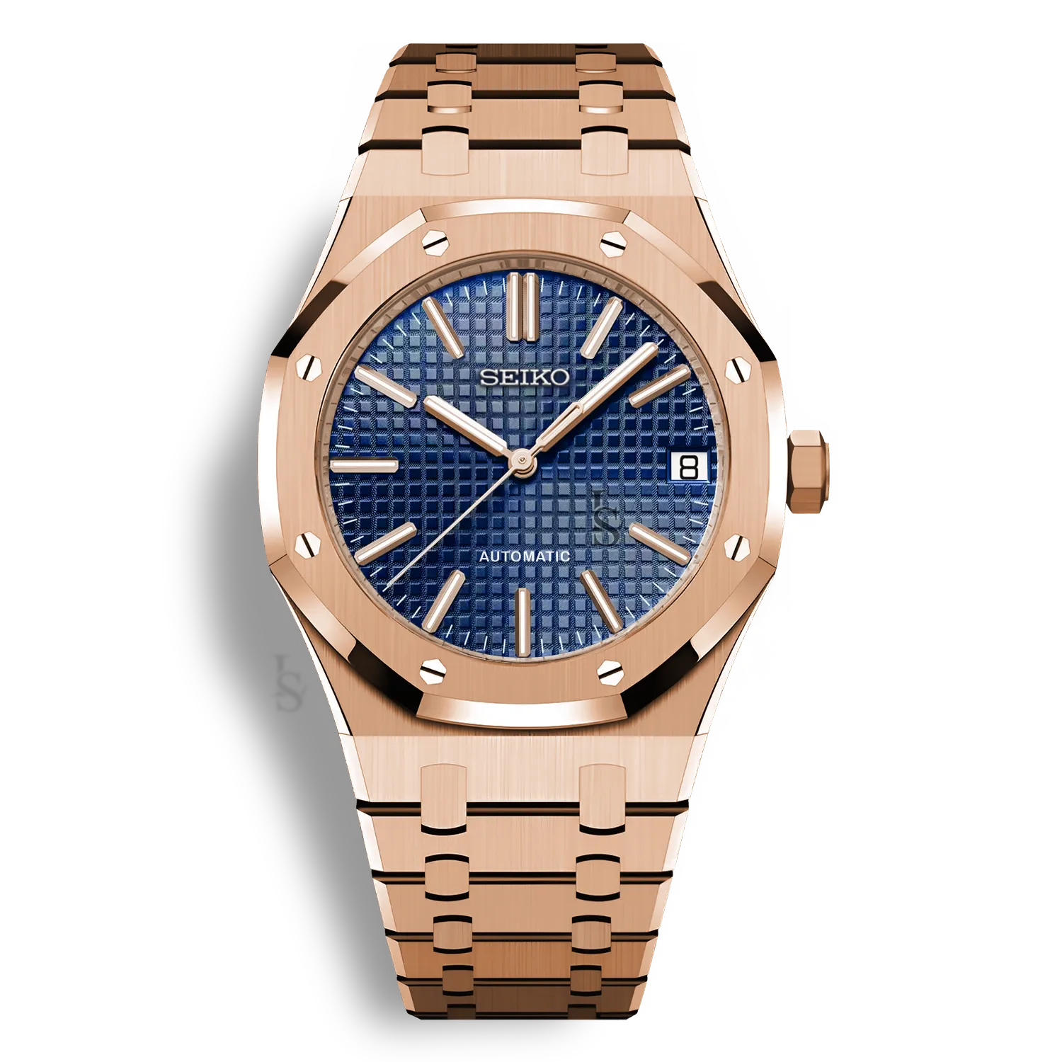 Royal Oak Or Rose Seiko Mod, montre automatique cadran bleu, lunette octogonale distinctive, mouvement Seiko NH35, bracelet or rose, look premium masculin