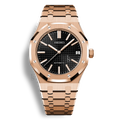 Montre Seiko Mod Royal Oak Or Rose cadran noir raffiné, style Royal Oak, finition or rose, mouvement Seiko NH35, montre haut de gamme masculine tendance