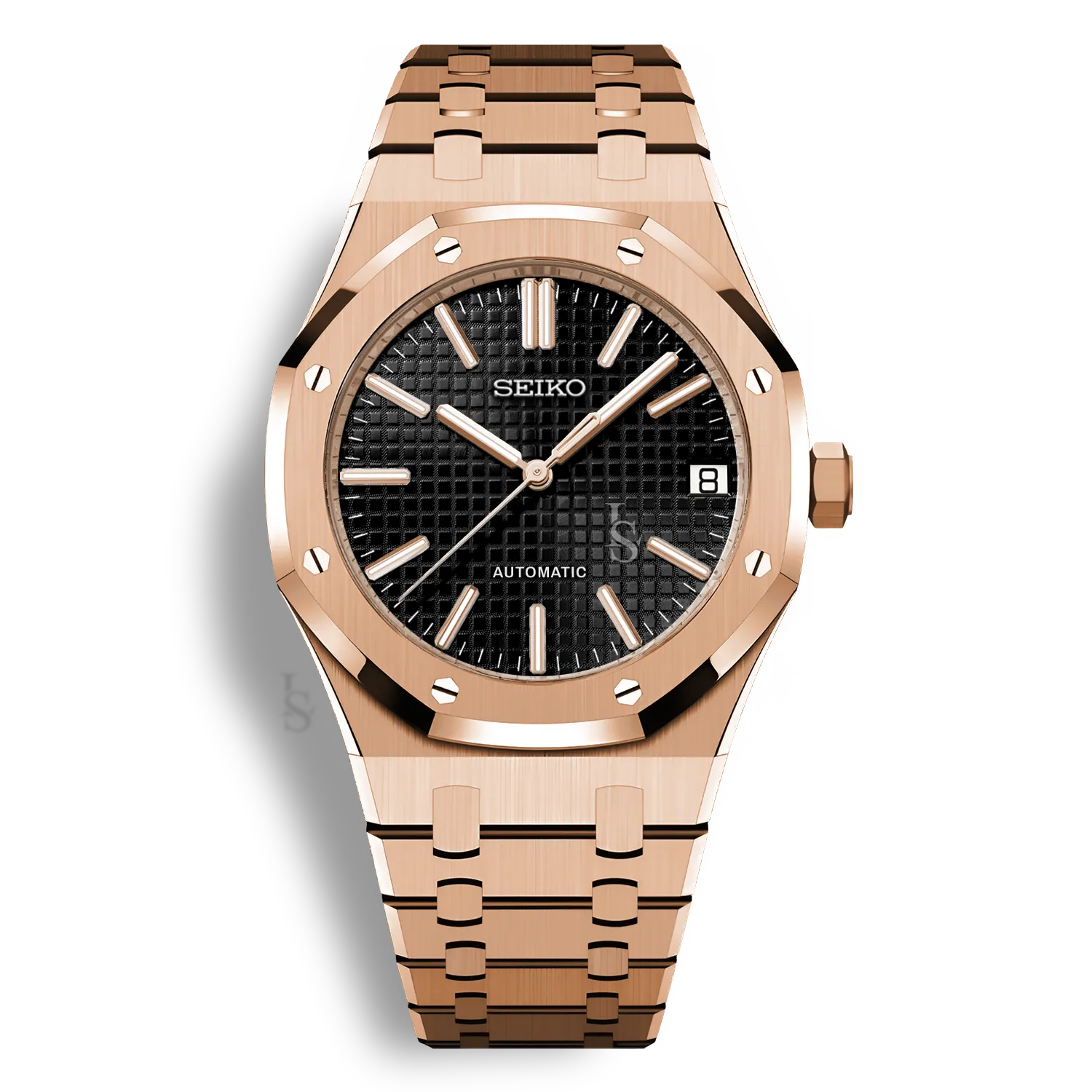 Montre Seiko Mod Royal Oak Or Rose cadran noir raffiné, style Royal Oak, finition or rose, mouvement Seiko NH35, montre haut de gamme masculine tendance