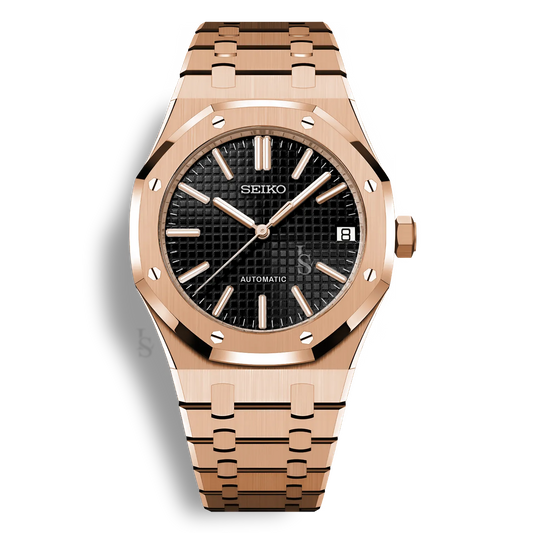 Montre Seiko Mod Royal Oak Or Rose cadran noir raffiné, style Royal Oak, finition or rose, mouvement Seiko NH35, montre haut de gamme masculine tendance