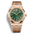 Montre SeikoMod Royal Oak Or Rose cadran vert, fond transparent, bracelet en acier intégré, inspiration Royal Oak luxe, verre saphir ultra-résistant