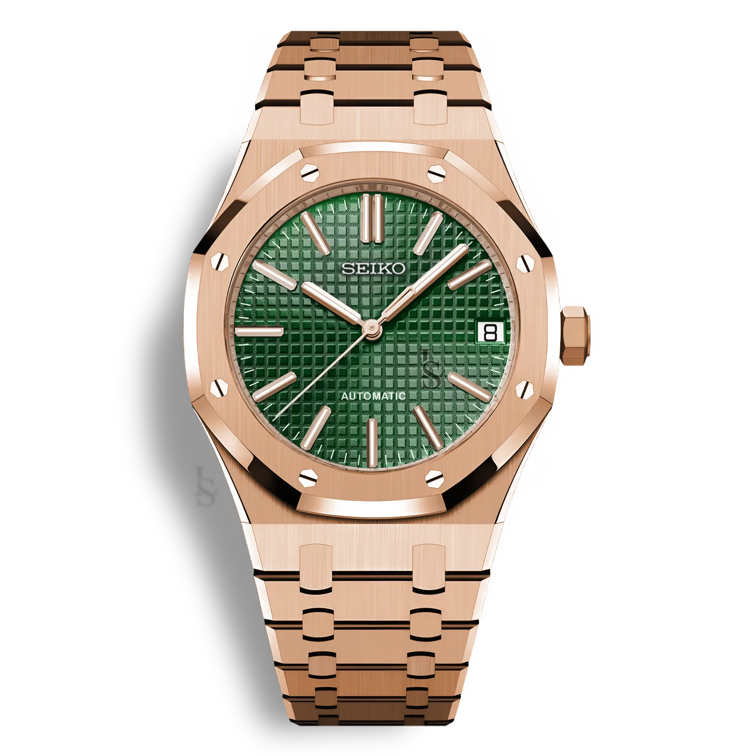Montre SeikoMod Royal Oak Or Rose cadran vert, fond transparent, bracelet en acier intégré, inspiration Royal Oak luxe, verre saphir ultra-résistant