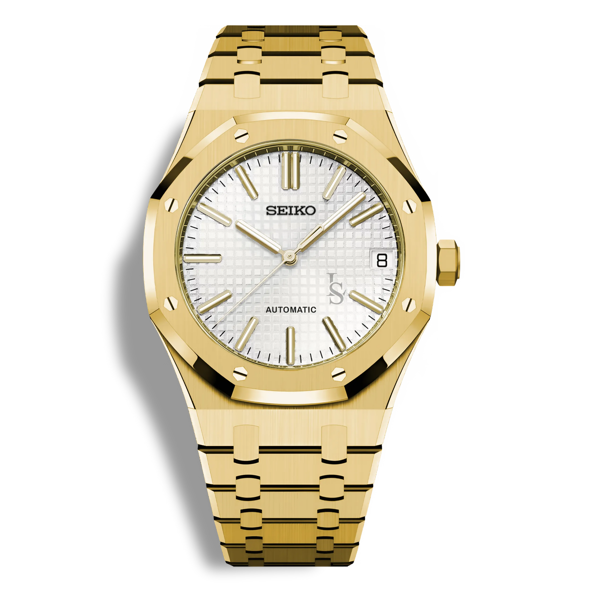 Montre Seiko Mod Royal Oak Or Jaune avec cadran blanc, montre automatique élégante inspirée Audemars Piguet, boîtier acier or rose 41mm, bracelet intégré