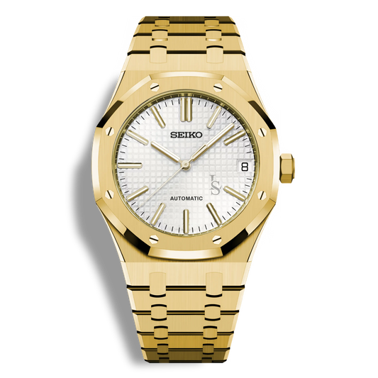 Montre Seiko Mod Royal Oak Or Jaune avec cadran blanc, montre automatique élégante inspirée Audemars Piguet, boîtier acier or rose 41mm, bracelet intégré