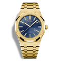 Montre Seiko Mod Royal Oak Or Jaune avec cadran bleu royal, montre automatique au mouvement Seiko NH35, boîtier acier or rose 41mm, bracelet intégré