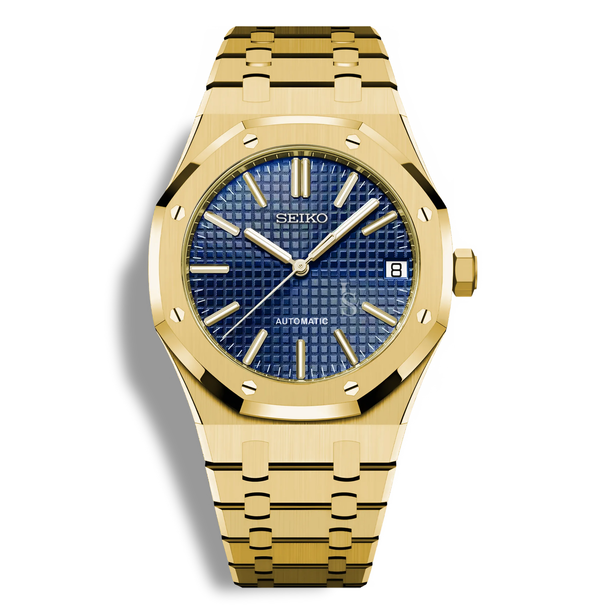 Montre Seiko Mod Royal Oak Or Jaune avec cadran bleu royal, montre automatique au mouvement Seiko NH35, boîtier acier or rose 41mm, bracelet intégré