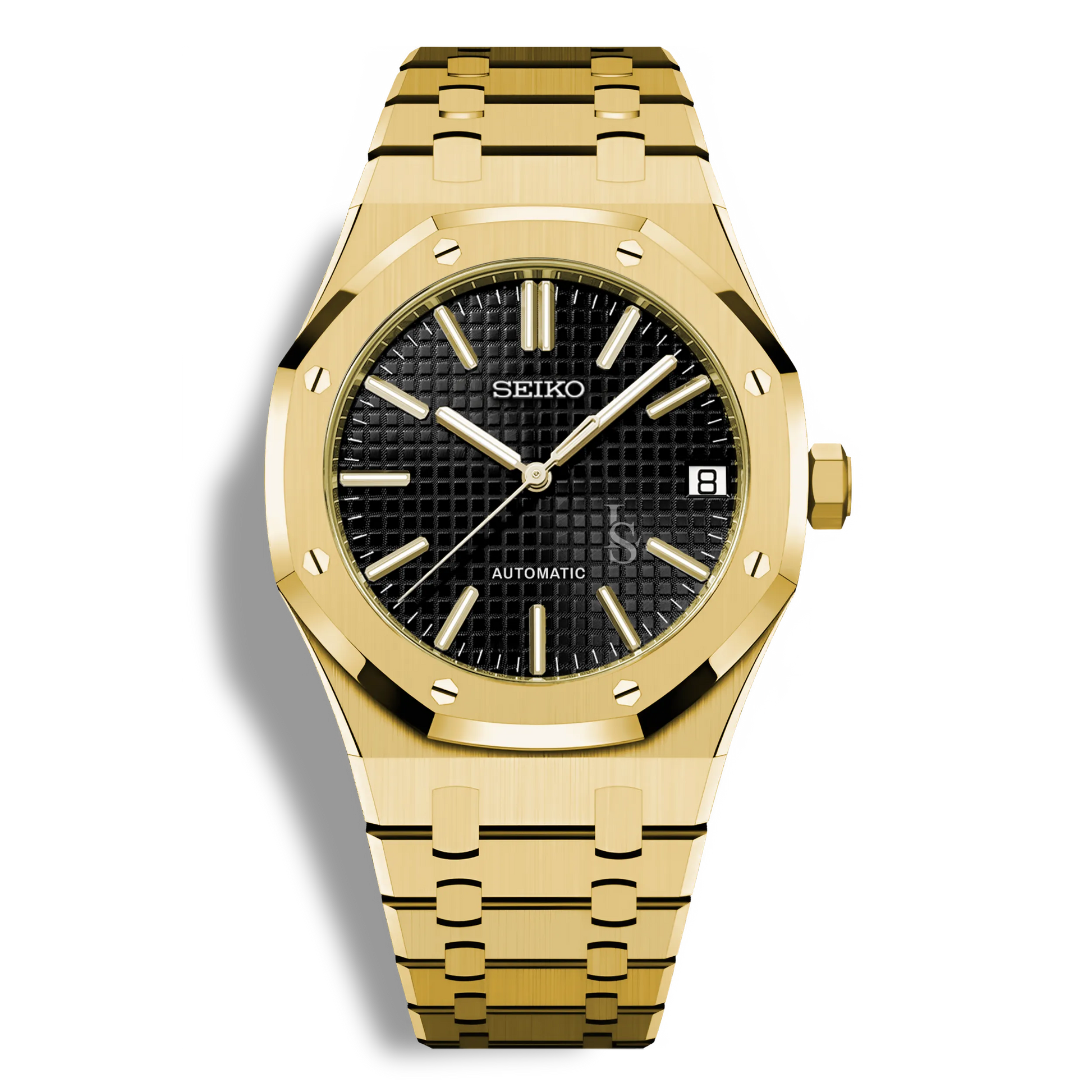 Montre Seiko Mod Royal Oak Or Jaune avec cadran Noir, montre automatique au mouvement Seiko NH35, boîtier acier or rose 41mm, bracelet intégré