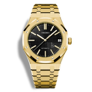 Montre Seiko Mod Royal Oak Or Jaune avec cadran Noir, montre automatique au mouvement Seiko NH35, boîtier acier or rose 41mm, bracelet intégré