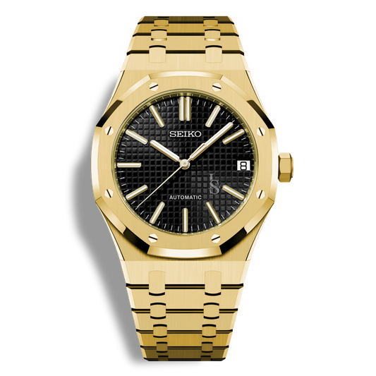 Montre Seiko Mod Royal Oak Or Jaune avec cadran Noir, montre automatique au mouvement Seiko NH35, boîtier acier or rose 41mm, bracelet intégré
